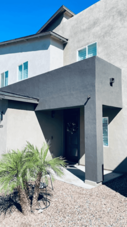 Modern home exterior with dark gray entryway and palm tree. See our work.