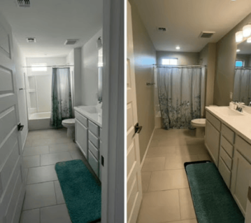 Bathroom renovation: brighter lighting, fresh paint, and updated vanity.