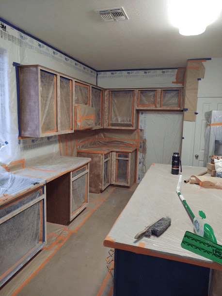 Kitchen cabinets prepared for painting