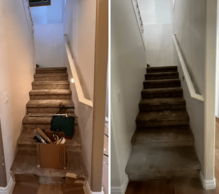 Before and after of a staircase cleaning: dirty carpet stairs transformed to clean