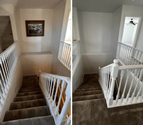 Staircase with white railing, recently painted