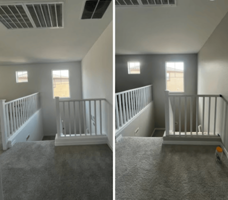 Before and after of stairwell and railing with fresh paint.