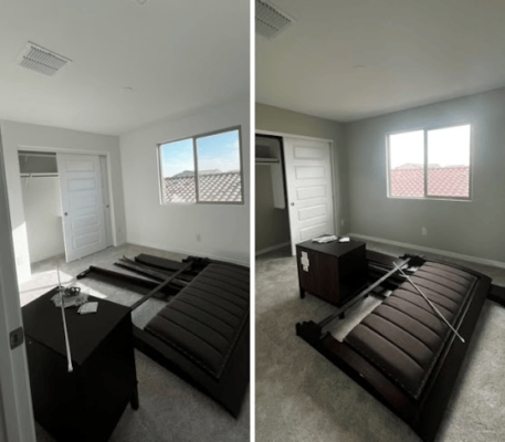 Bedroom before and after painting with bed frame assembled.