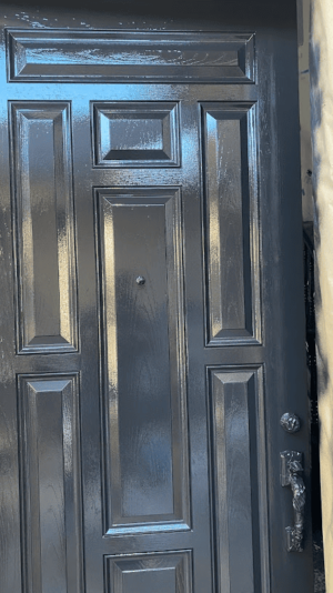 Freshly painted black front door with a glossy finish