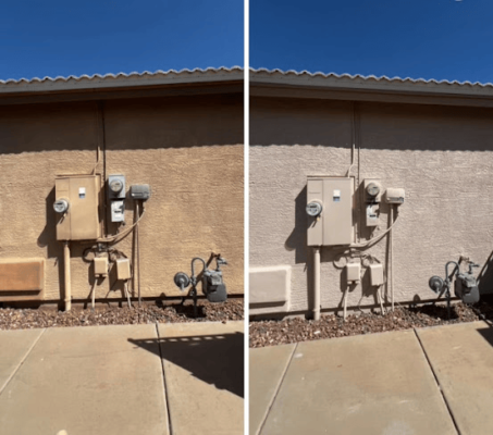Before and after of a utility box area with freshly painted wall.