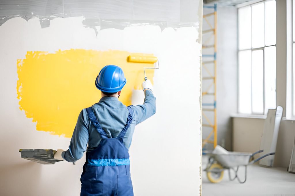 Workamn painting wall indoors