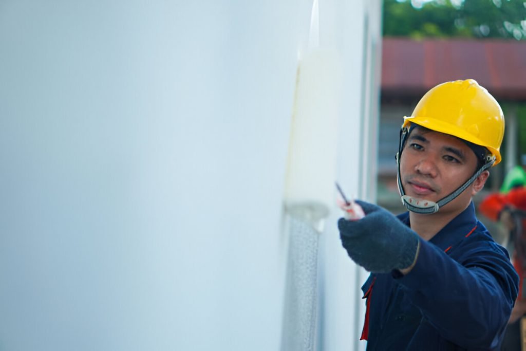 Asian painter is painting white house wall, house decoration and construction idea