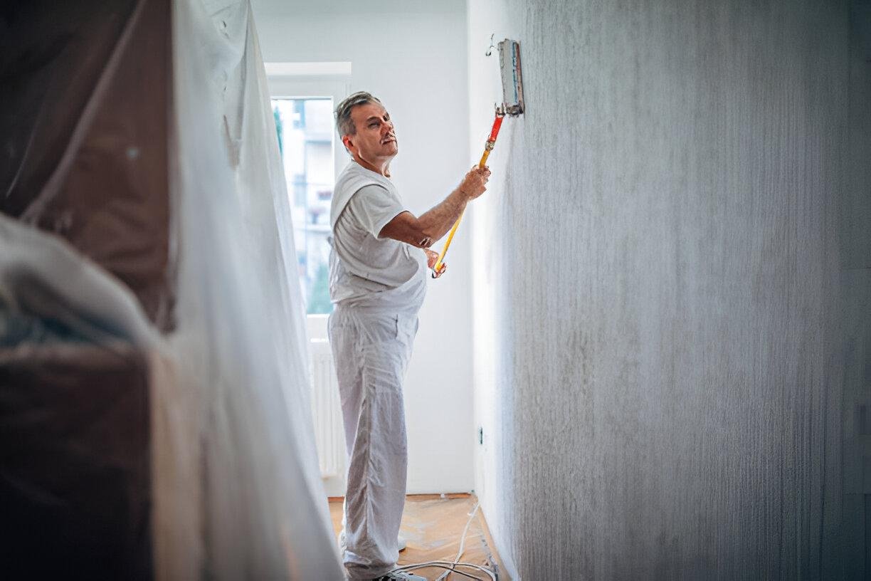 Painter applying textured finish to wall, seasonal painting services.
