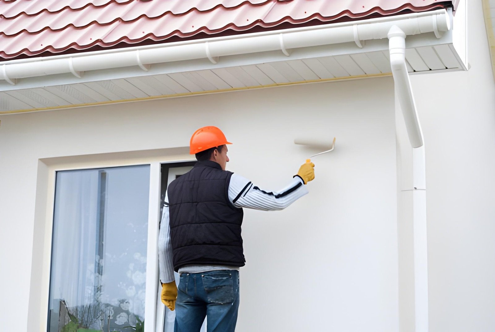Construction worker is painting a wall with a roller