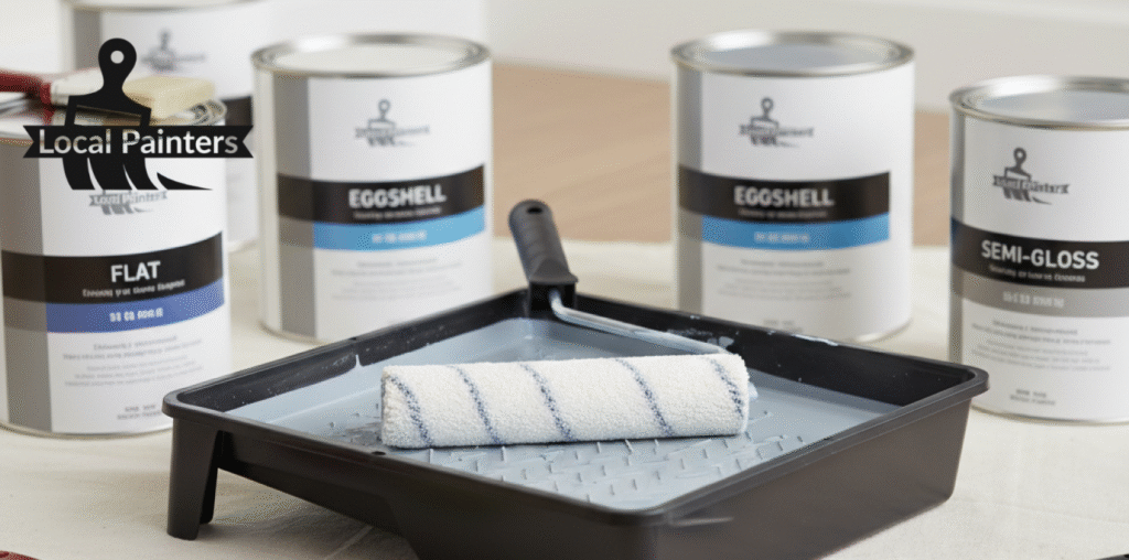 A professional paint tray with a high-quality roller and various paint cans labeled by sheen.