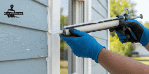 Applying white sealant to window frame.
