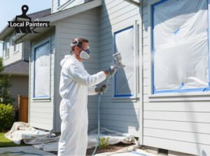 A professional painter using a sprayer on a home exterior with proper masking and protection
