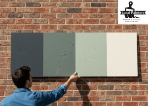 Painter holding paint swatches against brick wall.