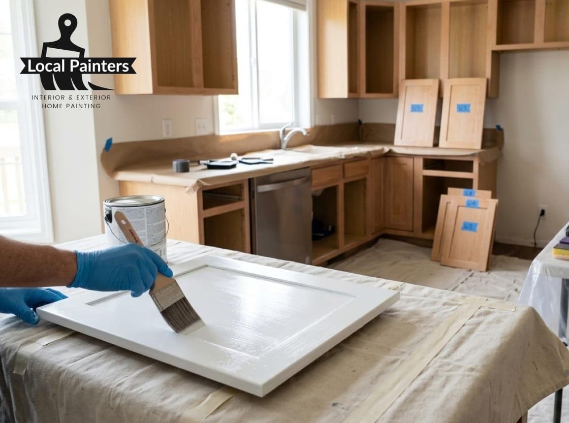Person painting white kitchen cabinet door with a brush