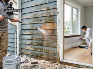 Workers power washing siding and painting interior.