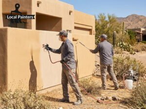 Workers painting a house and workers loading a sofa into a moving truck.