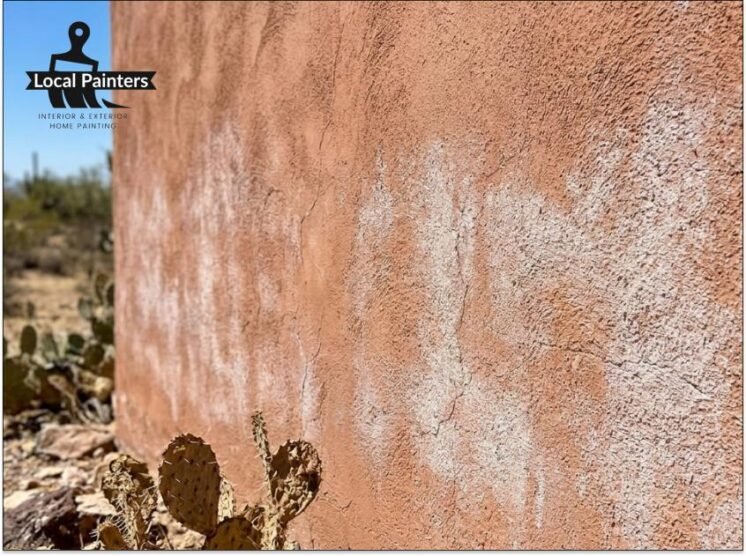 A close-up of a stucco wall showing signs of sun fading and chalking in a desert environment.