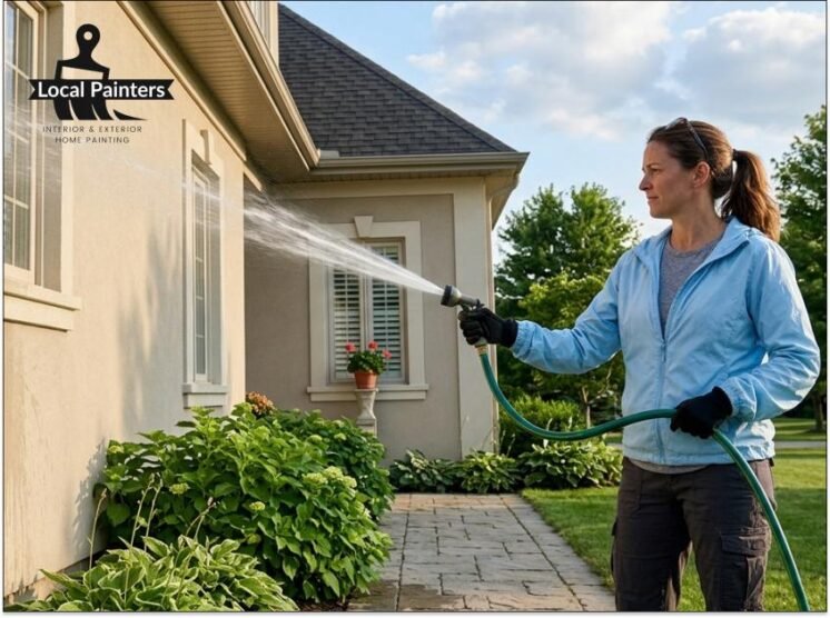 A person rinsing the exterior of a light colored house with a garden hose