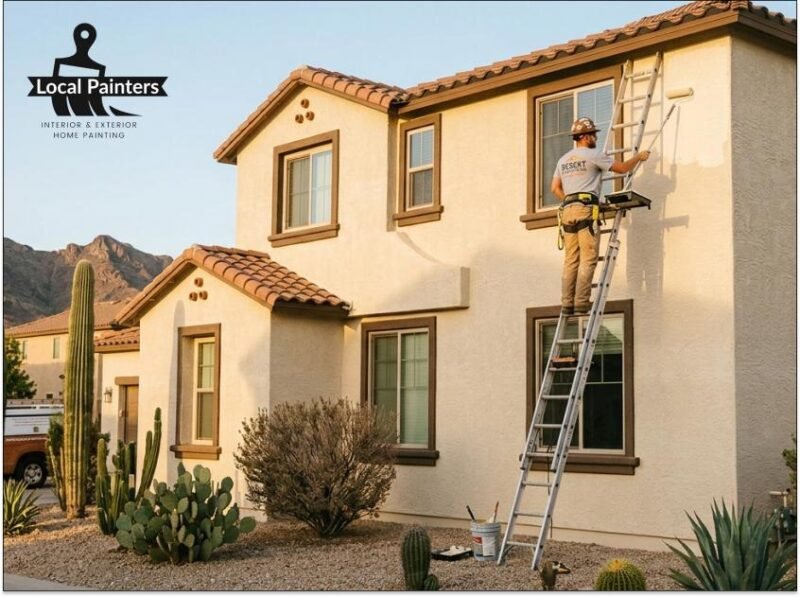 A professional painter using a ladder to reach the second story of a stucco house in Arizona