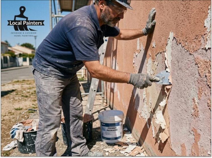 A worker using a scraper to remove loose paint from a stucco surface before priming