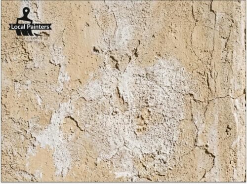 A close-up of a stucco wall showing signs of sun fading and chalking in a desert environment.