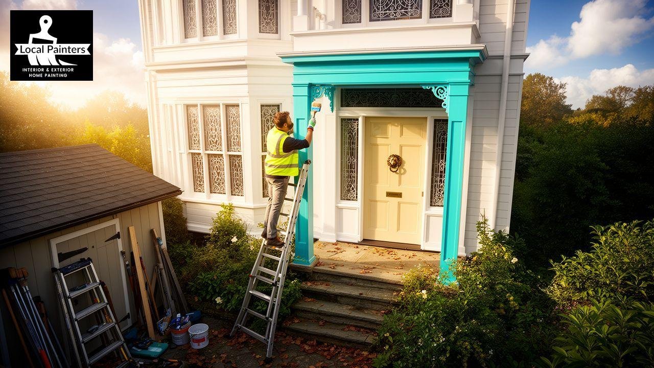 Painter applying turquoise paint to a house's entryway during exterior painting.