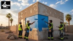 Painters in reflective vests applying blue paint to a building exterior.