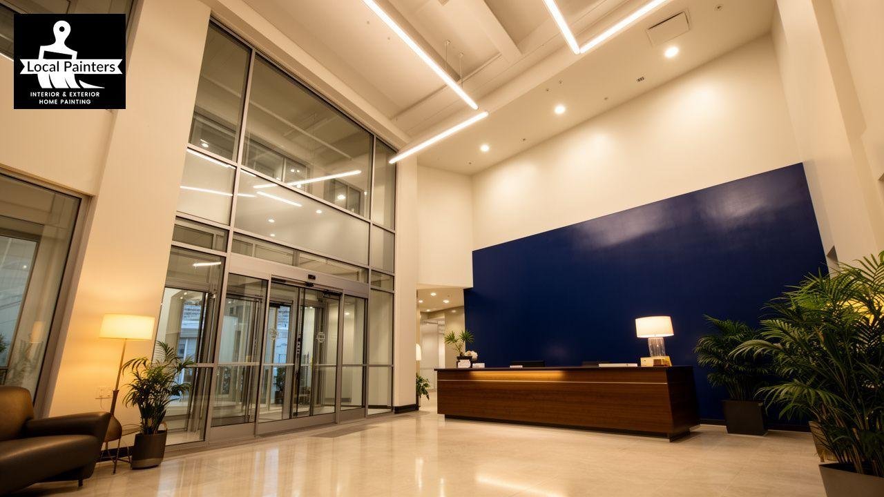 Modern lobby with reception desk, plants, and glass entrance