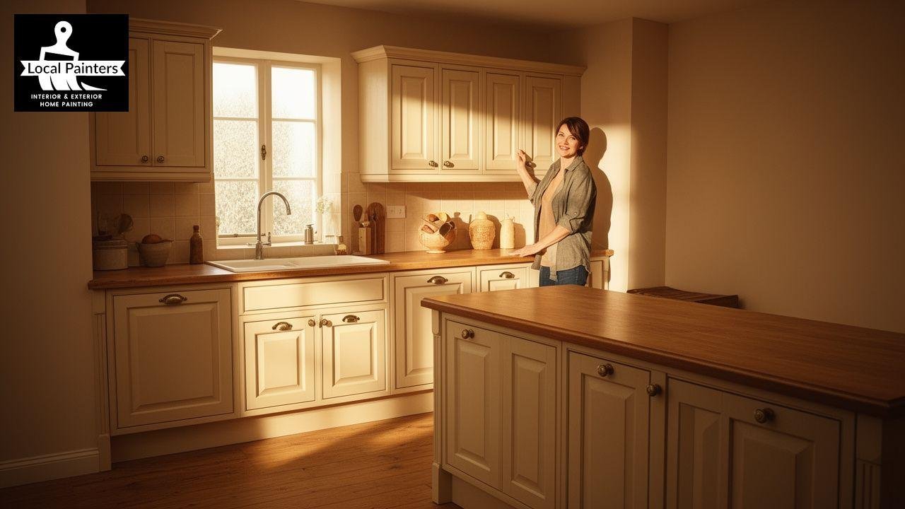 Woman in a bright kitchen with cream cabinets and wooden countertops.
