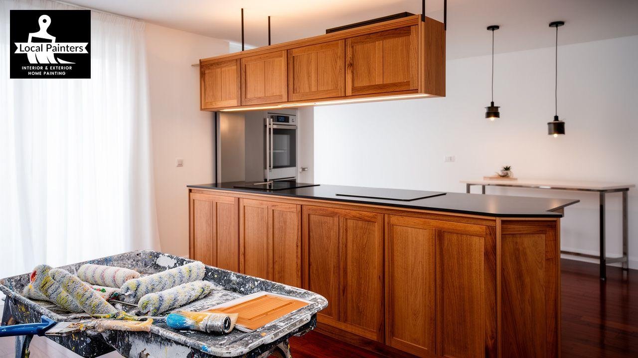 Painting supplies in front of a modern kitchen with wooden cabinets
