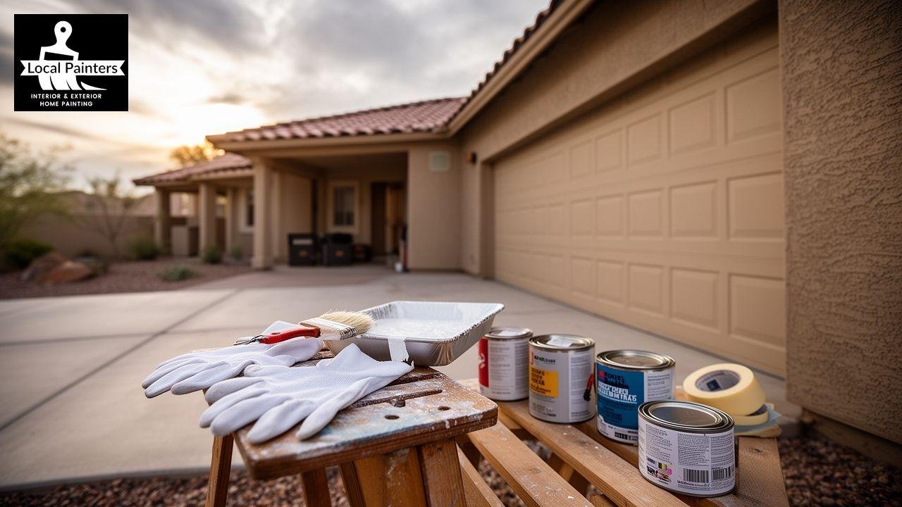 Painting supplies for exterior home painting, including brushes, gloves, and paint cans.