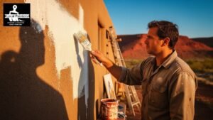 Painter applying white paint to exterior wall at sunset, Local Painters logo visible.