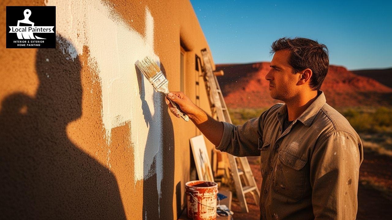 Painter applying white paint to exterior wall at sunset, Local Painters logo visible.