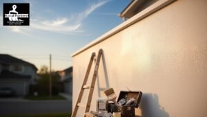 Exterior house painting supplies: ladder, paint cans, brushes, and toolbox on a wall.