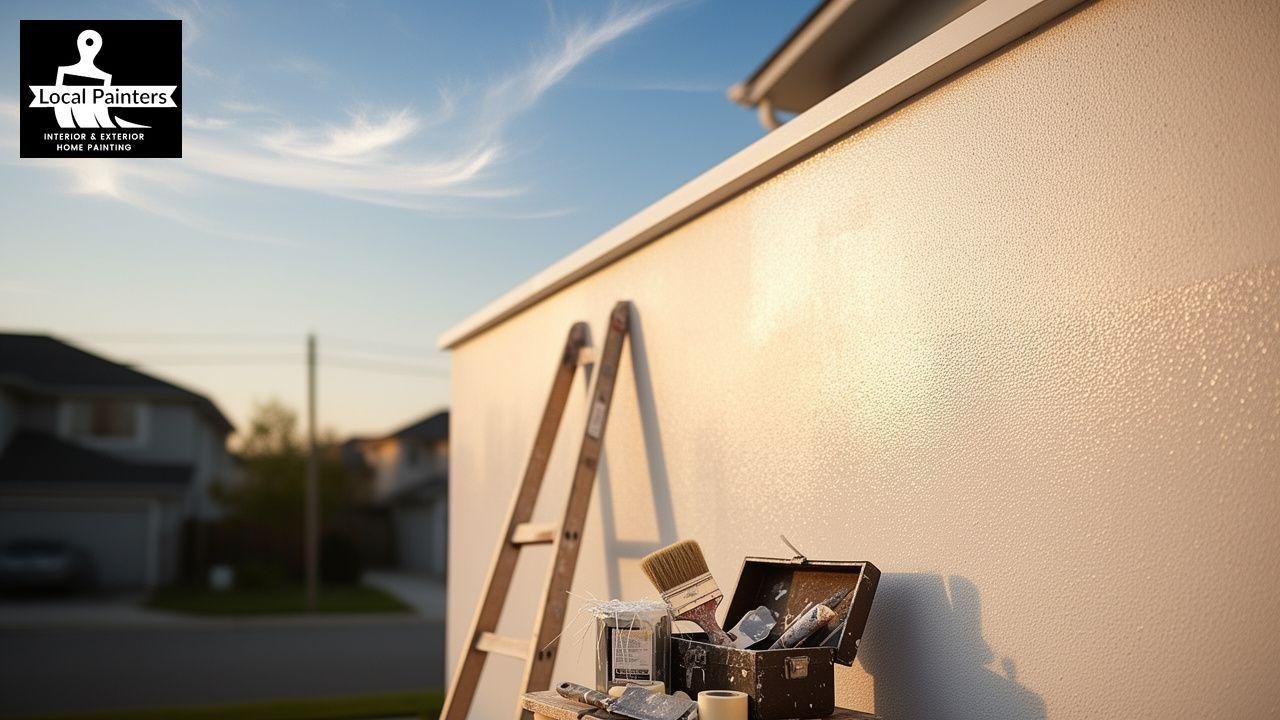Exterior house painting supplies: ladder, paint cans, brushes, and toolbox on a wall.