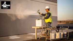 Painter spraying exterior wall with paint sprayer, Local Painters logo visible