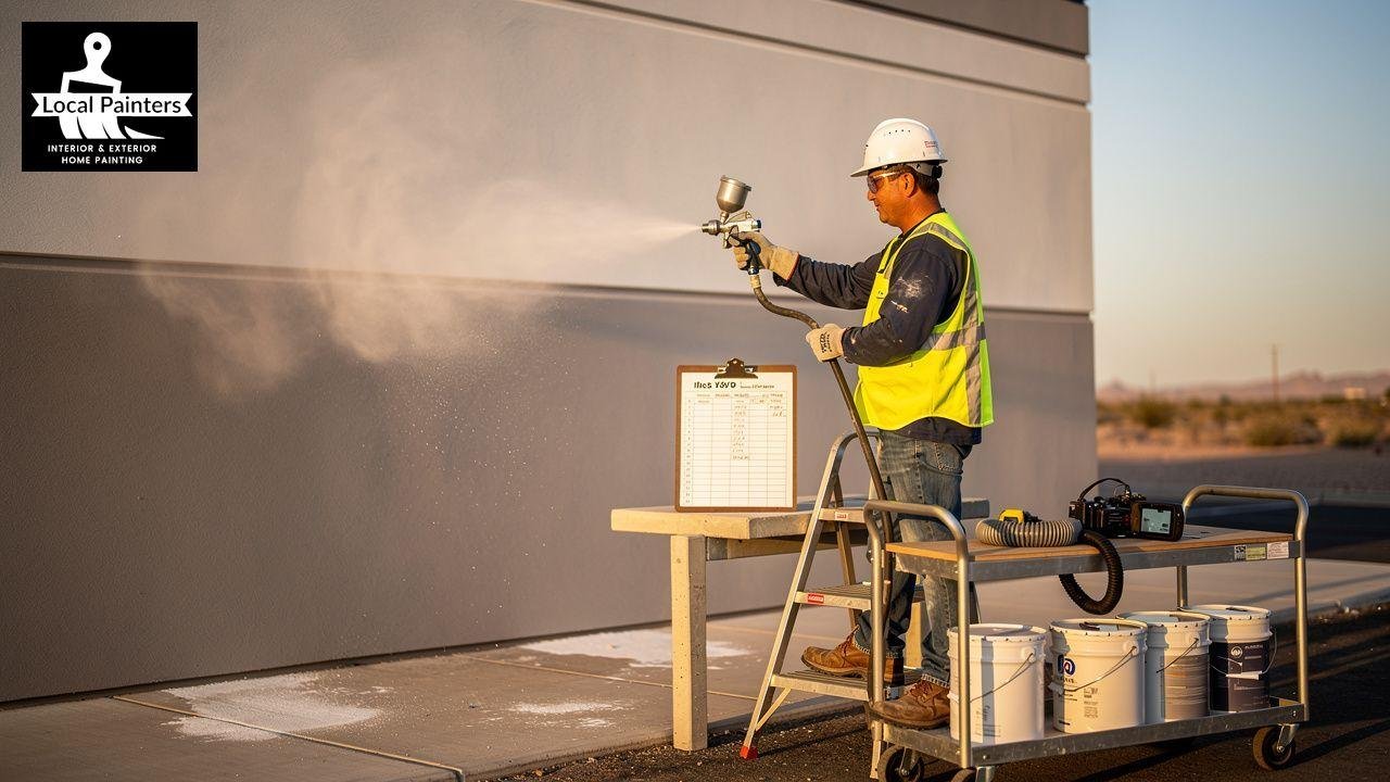 Painter spraying exterior wall with paint sprayer, Local Painters logo visible