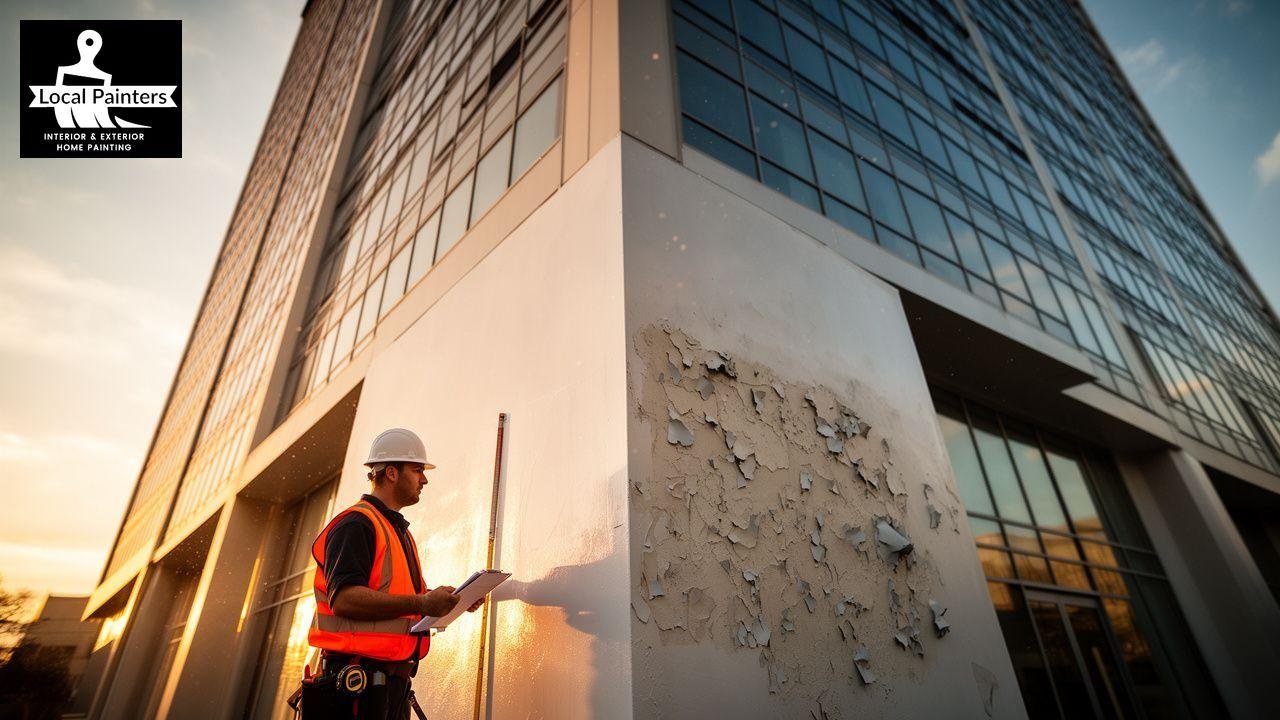 Painter inspecting peeling paint on a modern building exterior