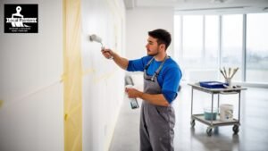 Professional painter applying white paint to a wall with a roller.