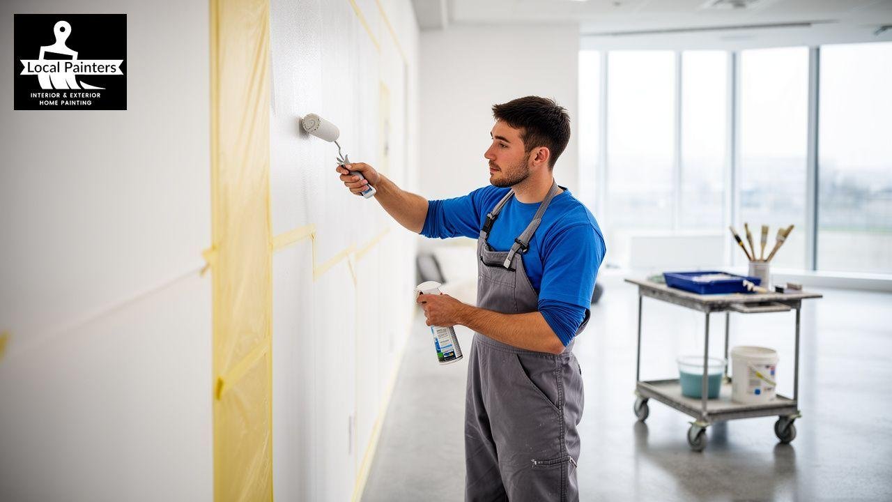 Professional painter applying white paint to a wall with a roller.