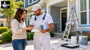 Painter shows color swatches to homeowner outside a house with ladders and paint cans.