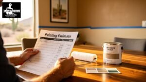 Man reviewing painting estimate with paint can and color swatches