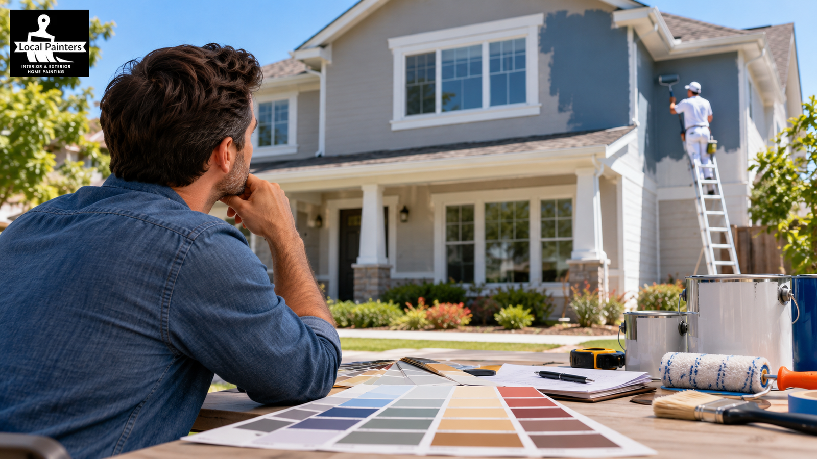 Man choosing paint colors for house exterior painting by Local Painters
