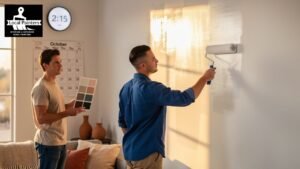Two painters in Goodyear & Surprise painting a wall with a roller.